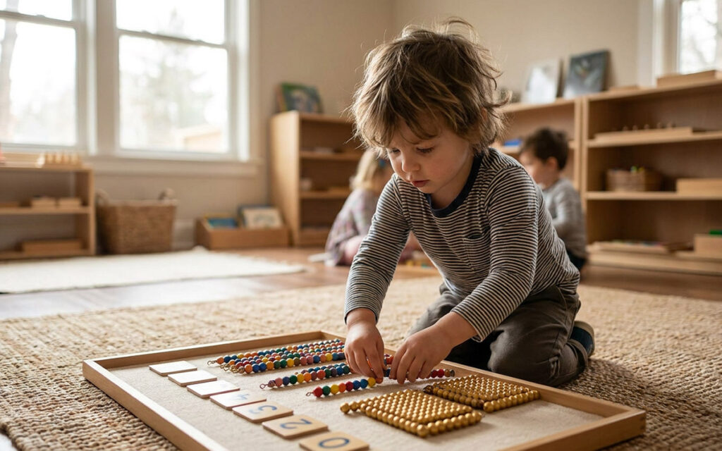 kid playing with montessori math blocks in a classroom