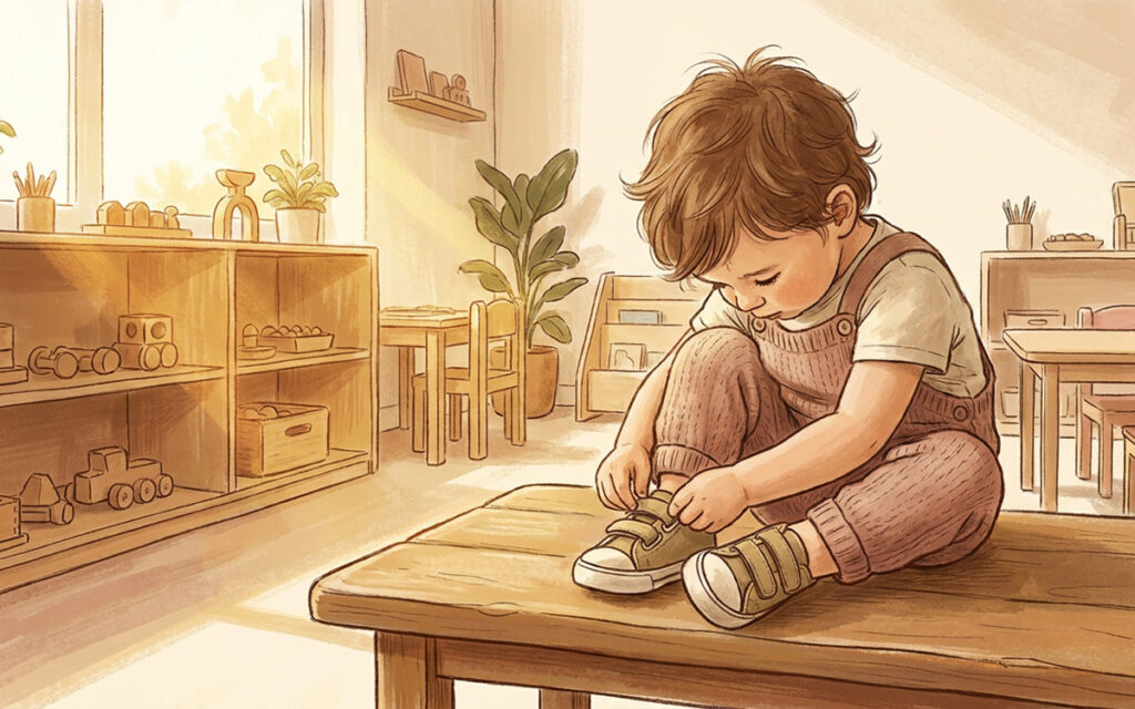 little kid fixing his shoes in a classroom