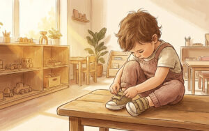 little kid fixing his shoes in a classroom