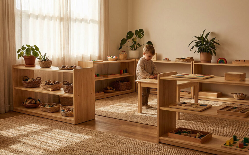 young kid playing with wooden blocks in a montessori classroom