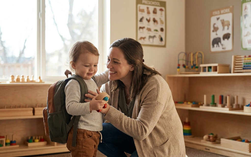 happy mom in kids' classroom