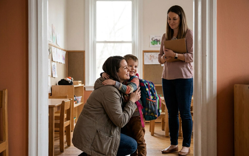 mom hugging son at his classroom dropoff