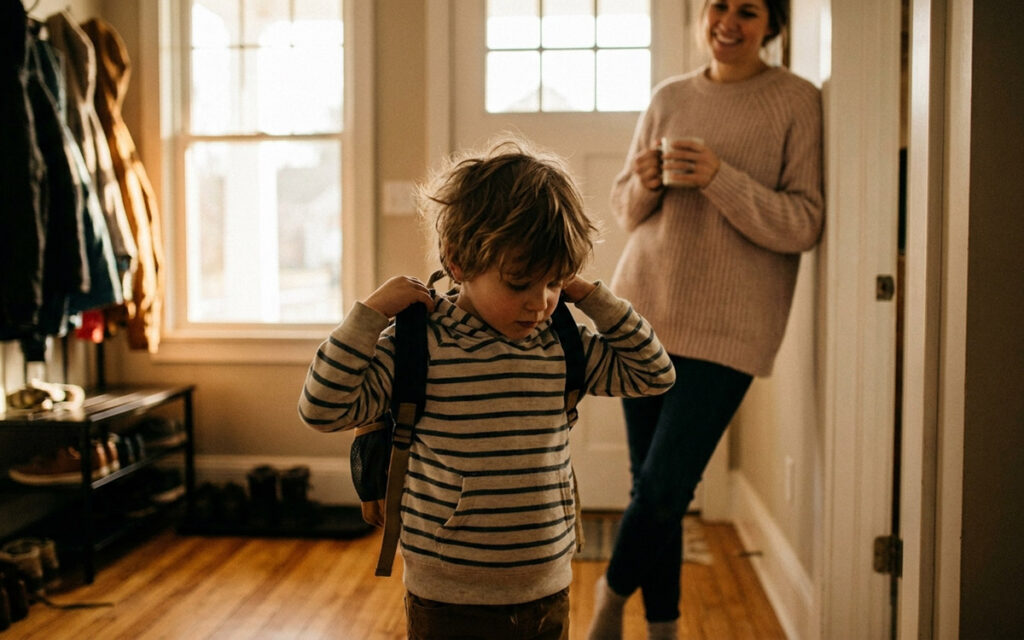 young child getting ready for school in the morning at home, putting on a backpack