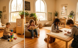 young children in a bright classroom, each engaged in a different quiet activity, one reading alone, one building with blocks