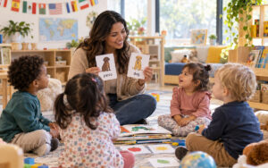 Teacher introducing bilingual vocabulary to toddlers during a preschool learning activity
