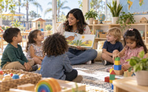 Teacher reading with preschool children in a bright bilingual classroom in Chula Vista